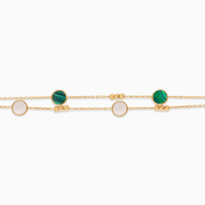 18k yellow gold bracelet two-layer round shapes decorated with mother of pearl and malachite stones