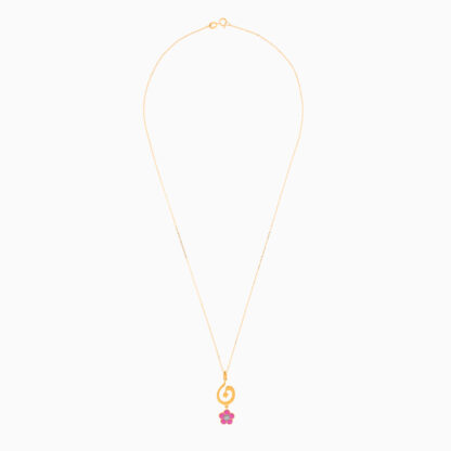 18k yellow gold kids necklace with letter noon with a hanging pink flower decorated with a single natural diamond in the centre - Image 2