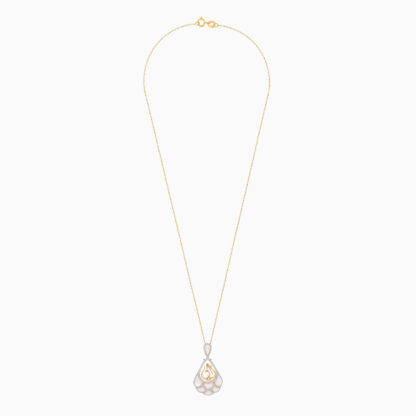 18K YELLOW GOLD NECKLACE WITH MOTHER WORD IN THE CENTER DECORATED BY MOP & NATURAL DIAMONDS