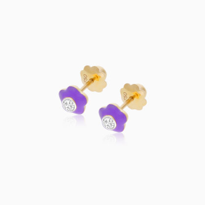 18k Yellow gold Kids Earrings flower shape decorated with natural diamond stones - Image 2