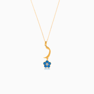 18k yellow gold kids necklace with letter raa with hanging turquoise flower decorated with a single natural diamond in the centre
