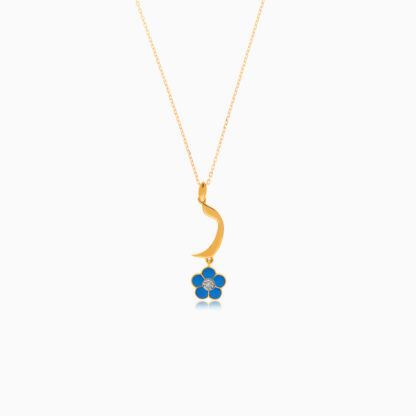 18k yellow gold kids necklace with letter raa with hanging turquoise flower decorated with a single natural diamond in the centre