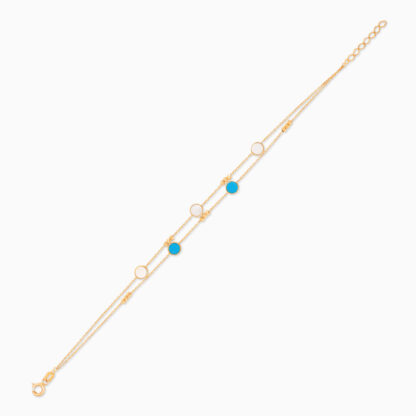 18k yellow gold bracelet two-layer decorated with mother of pearl and turquoise stones