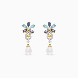 18K YELLOW GOLD PEARL EARRING WITH NATURAL DIAMOND & GEMSTONES