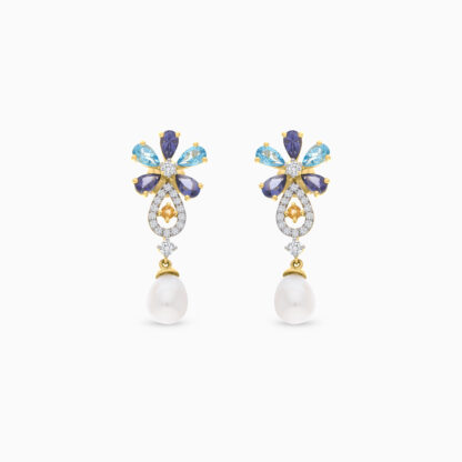 18K YELLOW GOLD PEARL EARRING WITH NATURAL DIAMOND & GEMSTONES