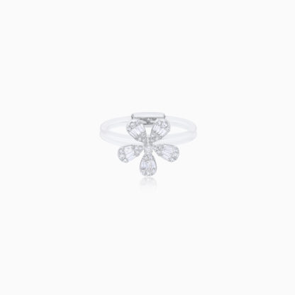 18K WHITE GOLD RING FLOWER- SHAPE DECORATED WITH BAGUETTE NATURAL DIAMOND STONES