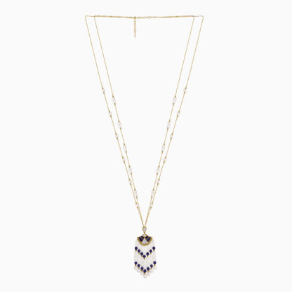 18K Yellow gold Long pearl necklace with natural diamond and lazurite stones