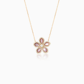 18k yellow gold Necklace flower shape decorated with natural diamond and Pink Mother of pearl