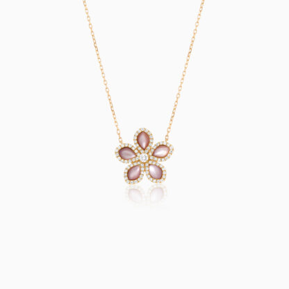 18k yellow gold Necklace flower shape decorated with natural diamond and Pink Mother of pearl