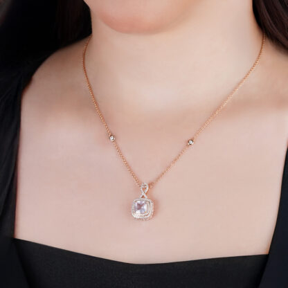 18K Rose  Gold Necklace featuring a stunning Natural Diamond and Rose quartz stones - Image 2