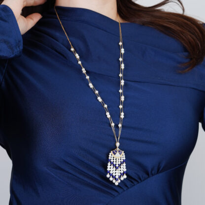 18K Yellow Gold Long Pearl Necklace with Natural Diamond and Lazurite Stones - Image 2