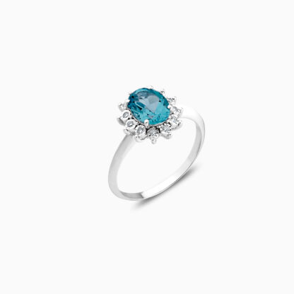 18K white gold ring decorated with natural blue London Topaz stone surrounded by natural diamond stones - Image 3