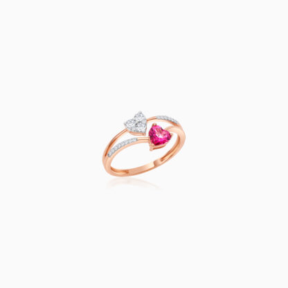 rose gold ring with 2 heart shapes of natural diamond and pink topaz stone made from 18k