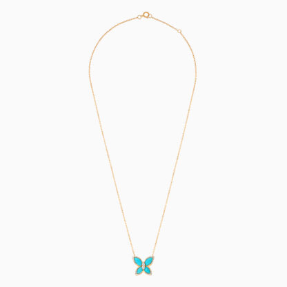 18k Yellow gold Necklace butterfly shape decorated with Turquoise and natural diamond stones