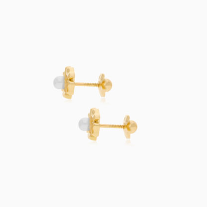 18K Yellow Gold Flower-Shaped Earrings for Kids with Freshwater Pearl Center - Image 3