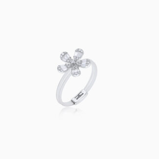 18K WHITE GOLD RING FLOWER- SHAPE DECORATED WITH BAGUETTE NATURAL DIAMOND STONES