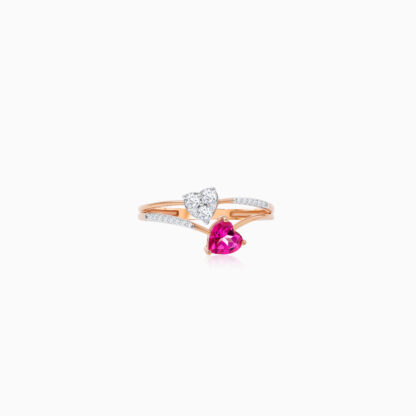 rose gold ring with 2 heart shapes of natural diamond and pink topaz stone made from 18k
