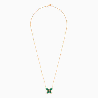 18k Yellow gold necklace butterfly shape decorated with Malachite and natural diamond stones