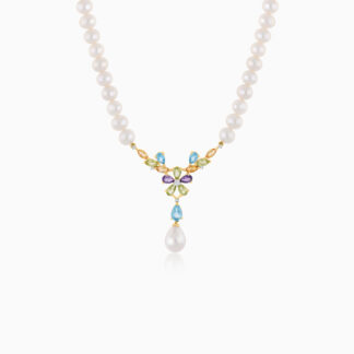 18K YELLOW GOLD PEARL NECKLACE WITH NATURAL DIAMOND & GEMSTONES