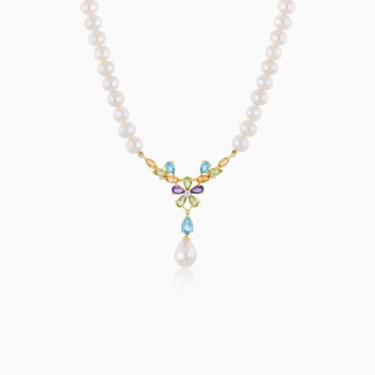 18K YELLOW GOLD PEARL NECKLACE WITH NATURAL DIAMOND & GEMSTONES