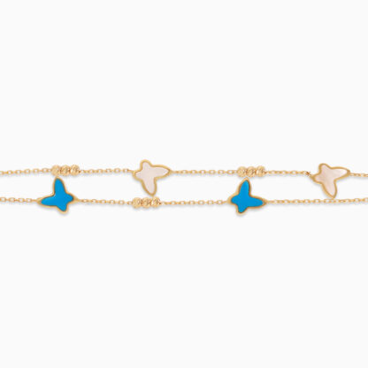 18k yellow gold bracelet two-layer decorated with butterfly shapes in mother of pearl and turquoise stones