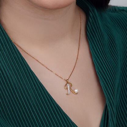 18k Yellow Gold 'R' Letter Necklace With Natural Diamond and Pearl - Image 2