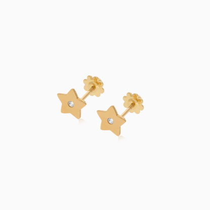 18k Yellow Gold Round Star-Shaped Earrings with Zircon Center