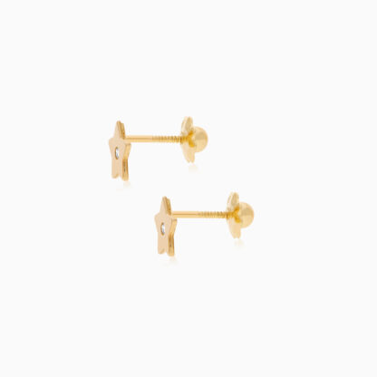 18k Yellow Gold Round Star-Shaped Earrings with Zircon Center