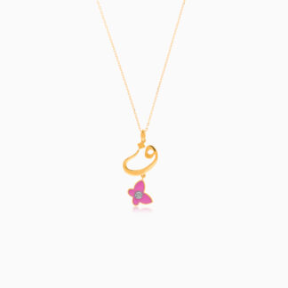 18k yellow gold kids necklace with letter faa with hanging pink butterfly decorated with a single natural diamond in the centre