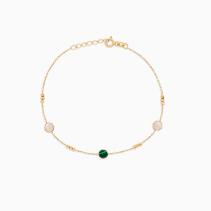 18k yellow gold bracelet with round shapes decorated by mother of pearl and malachite stones