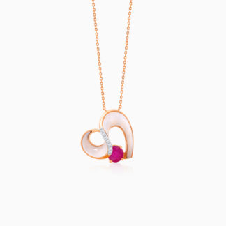 18K Rose gold necklace Decorated with MOP, Natural Diamond and Ruby Stone.