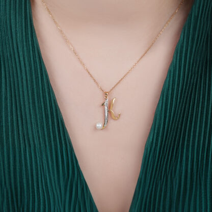 18k Yellow Gold 'K' Letter Necklace With Natural Diamond and Pearl - Image 2