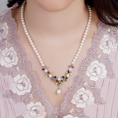 18K YELLOW GOLD PEARL NECKLACE WITH NATURAL DIAMOND & GEMSTONES | DANAH COLLECTION
