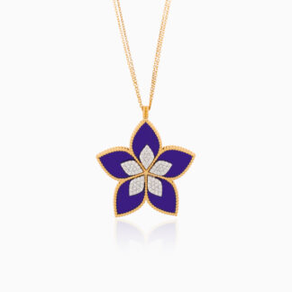 This enchanting 18k Yellow Gold Necklace from the Fortuna Diamond Collection features a delicate, flower-shaped pendant studded with natural diamonds. At the heart of the pendant, a rich, deep-blue Lapis Lazuli adds a captivating contrast, enhancing its timeless beauty. Crafted with precision and inspired by nature, this necklace is a radiant symbol of elegance and grace.