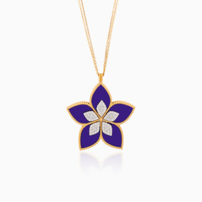 This enchanting 18k Yellow Gold Necklace from the Fortuna Diamond Collection features a delicate, flower-shaped pendant studded with natural diamonds. At the heart of the pendant, a rich, deep-blue Lapis Lazuli adds a captivating contrast, enhancing its timeless beauty. Crafted with precision and inspired by nature, this necklace is a radiant symbol of elegance and grace.
