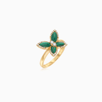 18k Yellow gold ring butterfly shape decorated with Malachite and natural diamond stones