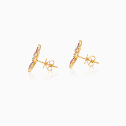 18k yellow gold Earrings flower shape decorated with natural diamond and Pink Mother of pearl