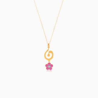 18k yellow gold kids necklace with letter noon with a hanging pink flower decorated with a single natural diamond in the centre