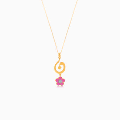 18k yellow gold kids necklace with letter noon with a hanging pink flower decorated with a single natural diamond in the centre