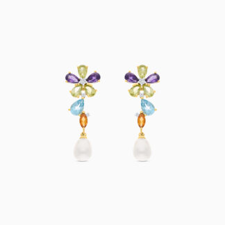 18K YELLOW GOLD PEARL EARRING WITH NATURAL DIAMOND & GEMSTONES