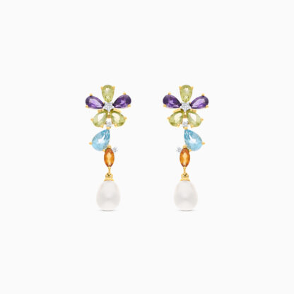 18K YELLOW GOLD PEARL EARRING WITH NATURAL DIAMOND & GEMSTONES