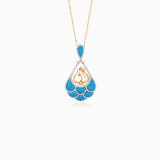 18K YELLOW GOLD NECKLACE WITH MOTHER WORD IN THE CENTER DECORATED TURQUOISE AND NATURAL DIAMONDS
