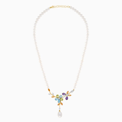18K YELLOW GOLD PEARL NECKLACE WITH NATURAL DIAMOND & GEMSTONES