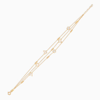 18k yellow gold bracelet three-layer decorated with mother of pearl in butterfly and flower shapes