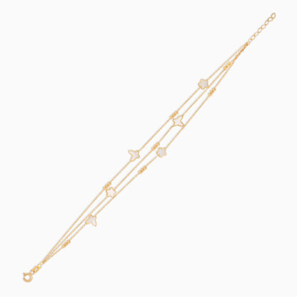 18k yellow gold bracelet three-layer decorated with mother of pearl in butterfly and flower shapes