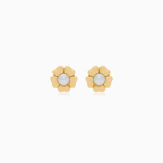 18K Yellow Gold Flower-Shaped Earrings for Kids with Freshwater Pearl Center