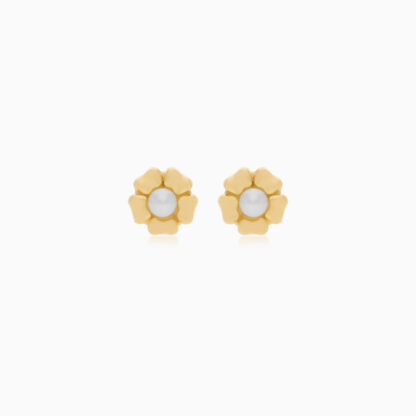 18K Yellow Gold Flower-Shaped Earrings for Kids with Freshwater Pearl Center