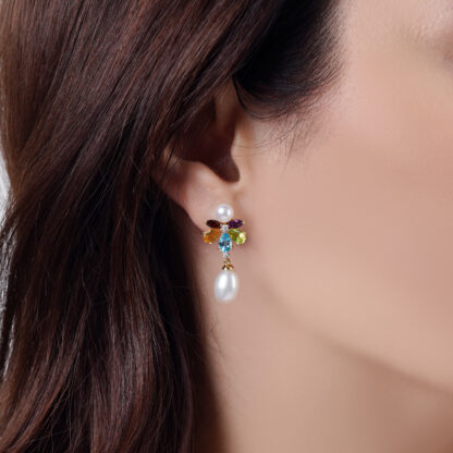 18K YELLOW GOLD PEARL EARRING WITH NATURAL DIAMOND & GEMSTONES