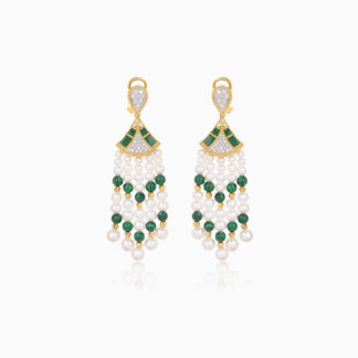 18K Yellow gold pearl earrings with natural diamond and malachite stones