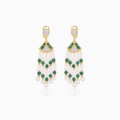 18K Yellow gold pearl earrings with natural diamond and malachite stones